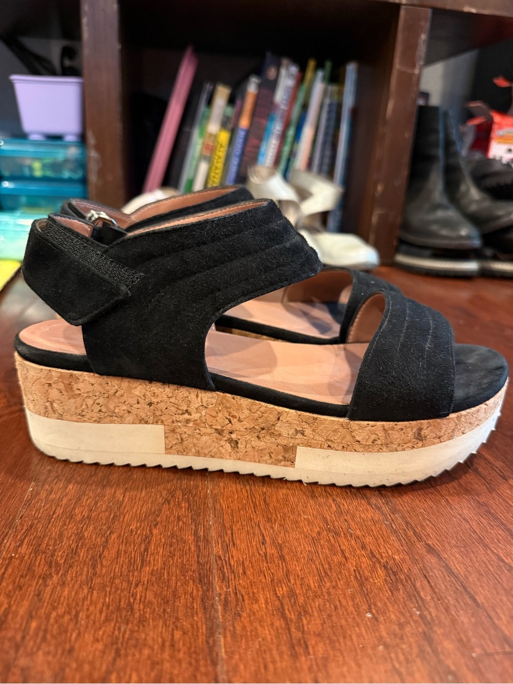 Women's Black Suede Cork Platform Sandals with Ankle Strap